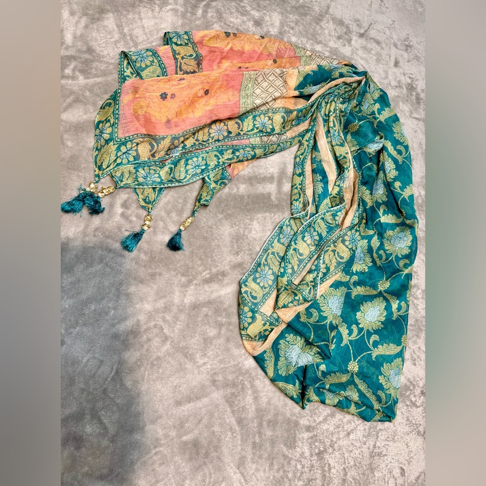 Elegant Teal and Gold Floral Scarf